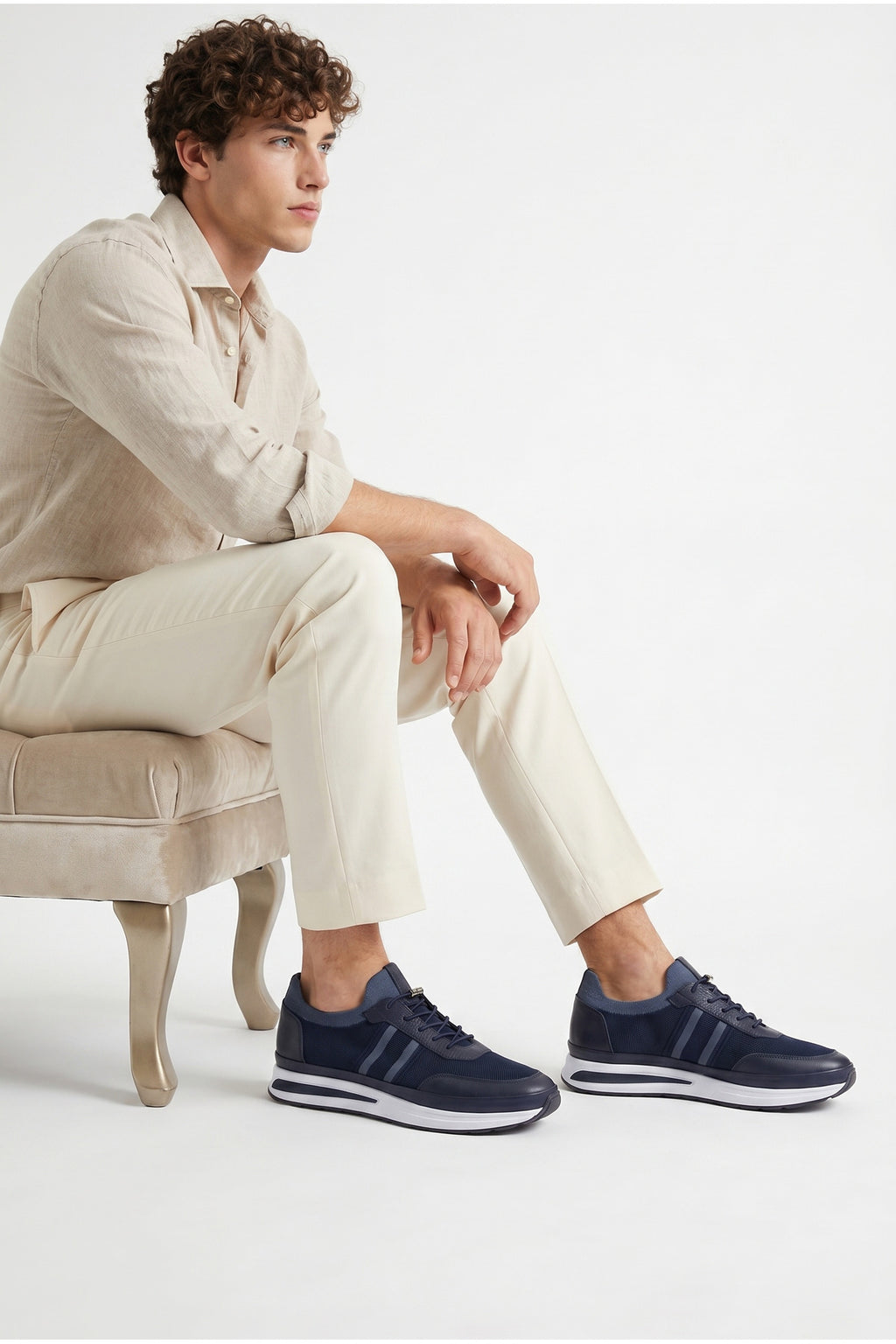 GAVI Yazlık Günlük Hakiki Deri Triko Erkek Sneaker +3 CM Boy Uzatan Gizli Topuk Lacivert