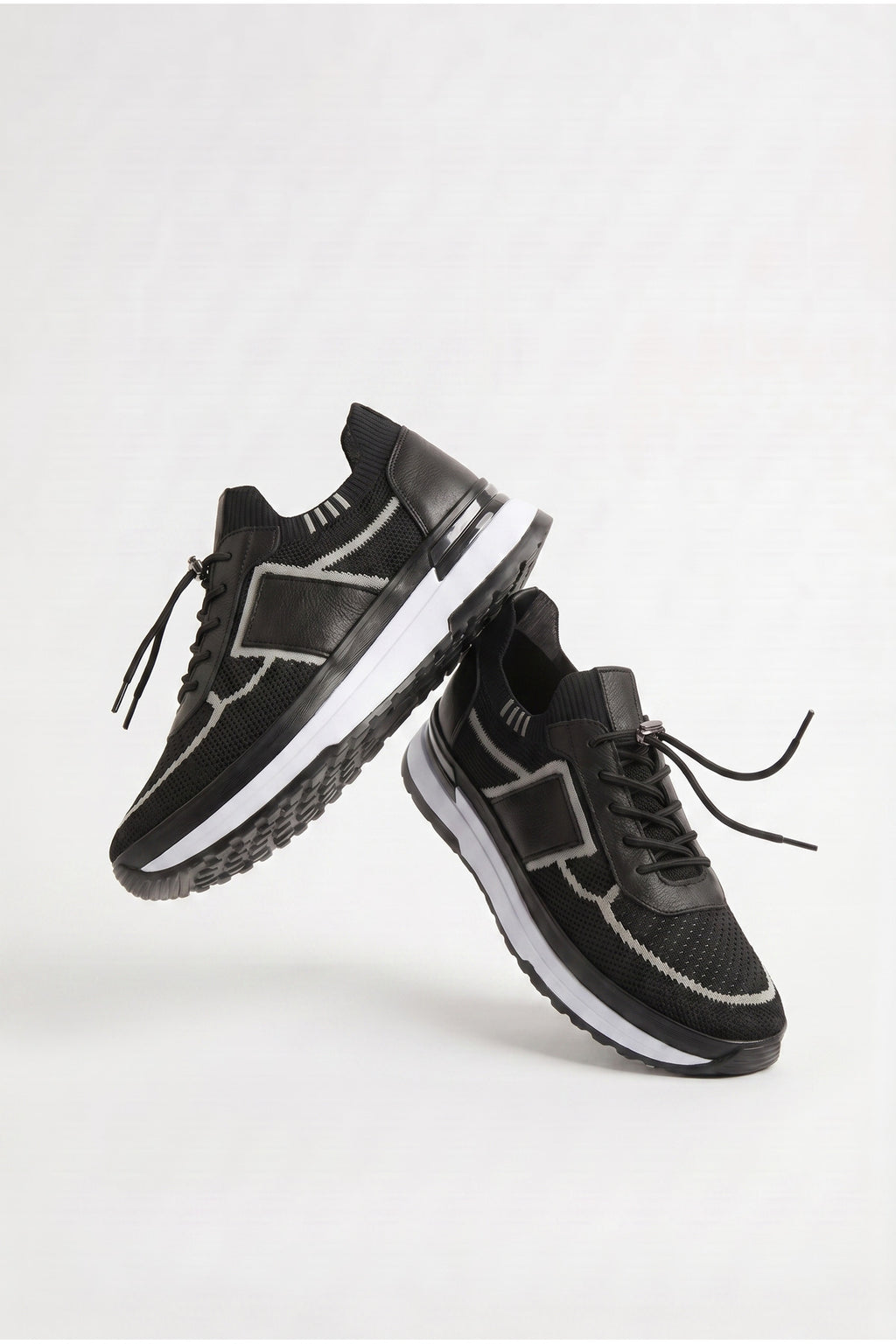 DOUE Yazlık Günlük Hakiki Deri Triko Erkek Sneaker +3 CM Boy Uzatan Gizli Topuk Siyah