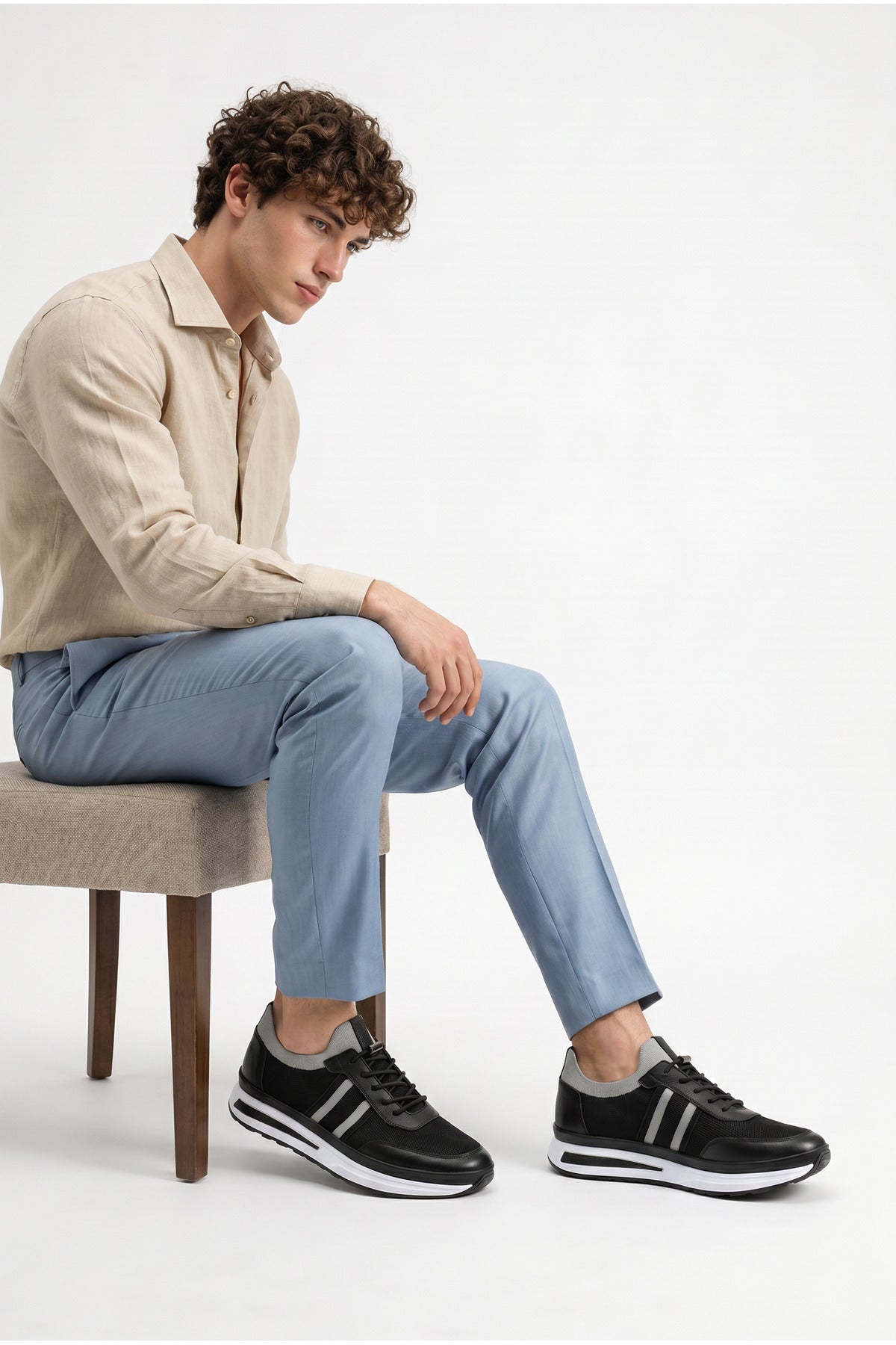 GAVI Yazlık Günlük Hakiki Deri Triko Erkek Sneaker +3 CM Boy Uzatan Gizli Topuk Siyah