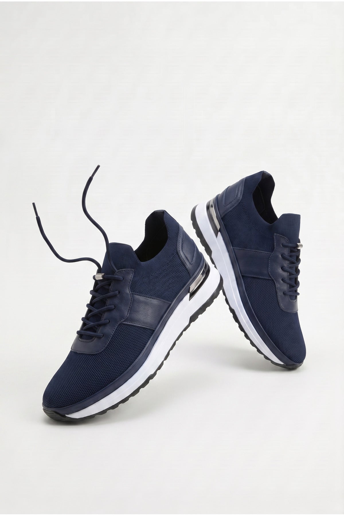 PEDRI Yazlık Günlük Hakiki Deri Triko Erkek Sneaker +3 CM Boy Uzatan Gizli Topuk Lacivert