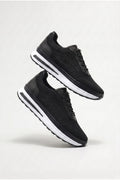 YAMAL Yazlık Günlük Hakiki Deri Triko Erkek Sneaker +3 CM Boy Uzatan Gizli Topuk Siyah