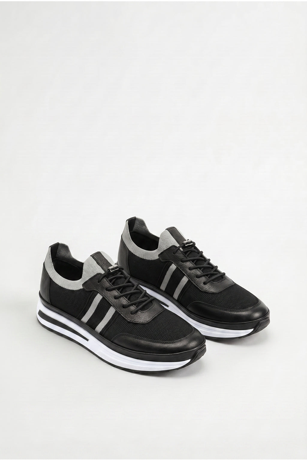 GAVI Yazlık Günlük Hakiki Deri Triko Erkek Sneaker +3 CM Boy Uzatan Gizli Topuk Siyah