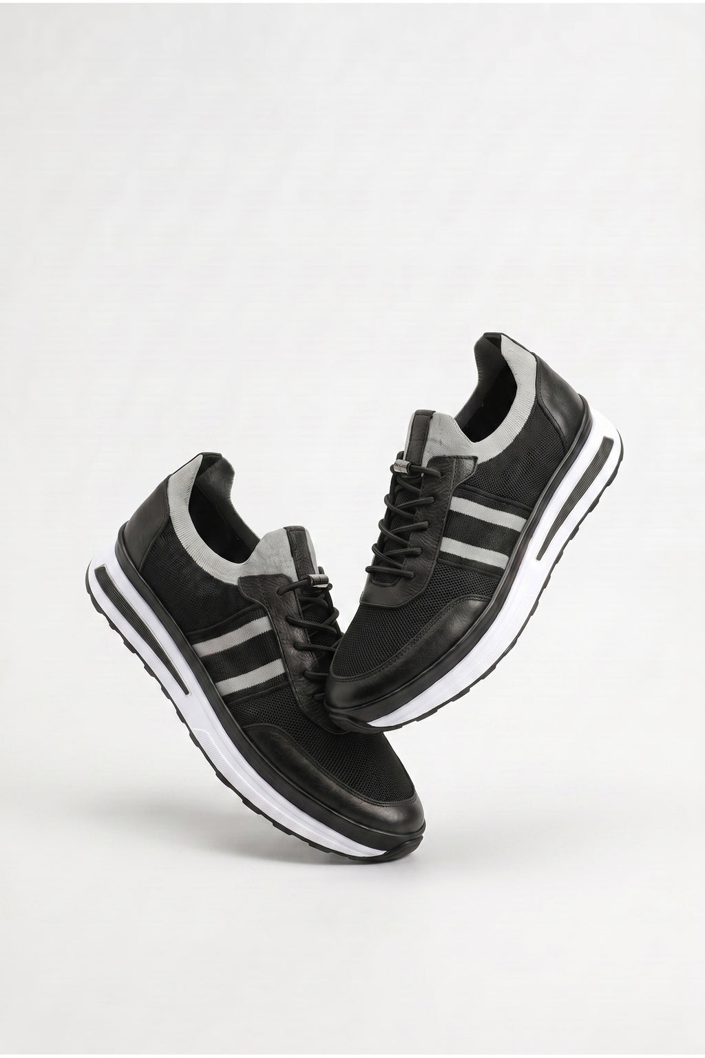 GAVI Yazlık Günlük Hakiki Deri Triko Erkek Sneaker +3 CM Boy Uzatan Gizli Topuk Siyah
