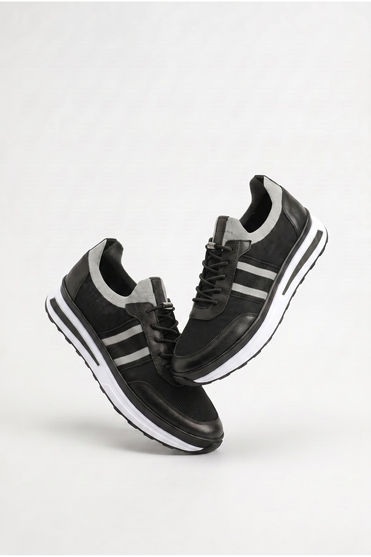 GAVI Yazlık Günlük Hakiki Deri Triko Erkek Sneaker +3 CM Boy Uzatan Gizli Topuk Siyah