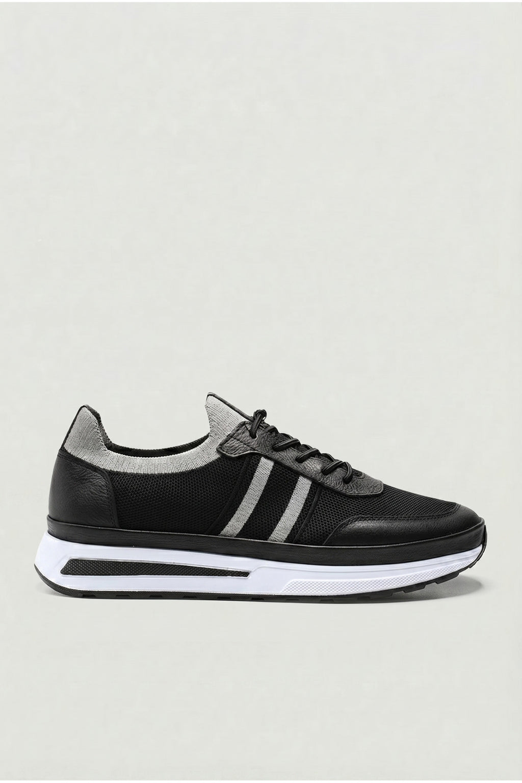 GAVI Yazlık Günlük Hakiki Deri Triko Erkek Sneaker +3 CM Boy Uzatan Gizli Topuk Siyah