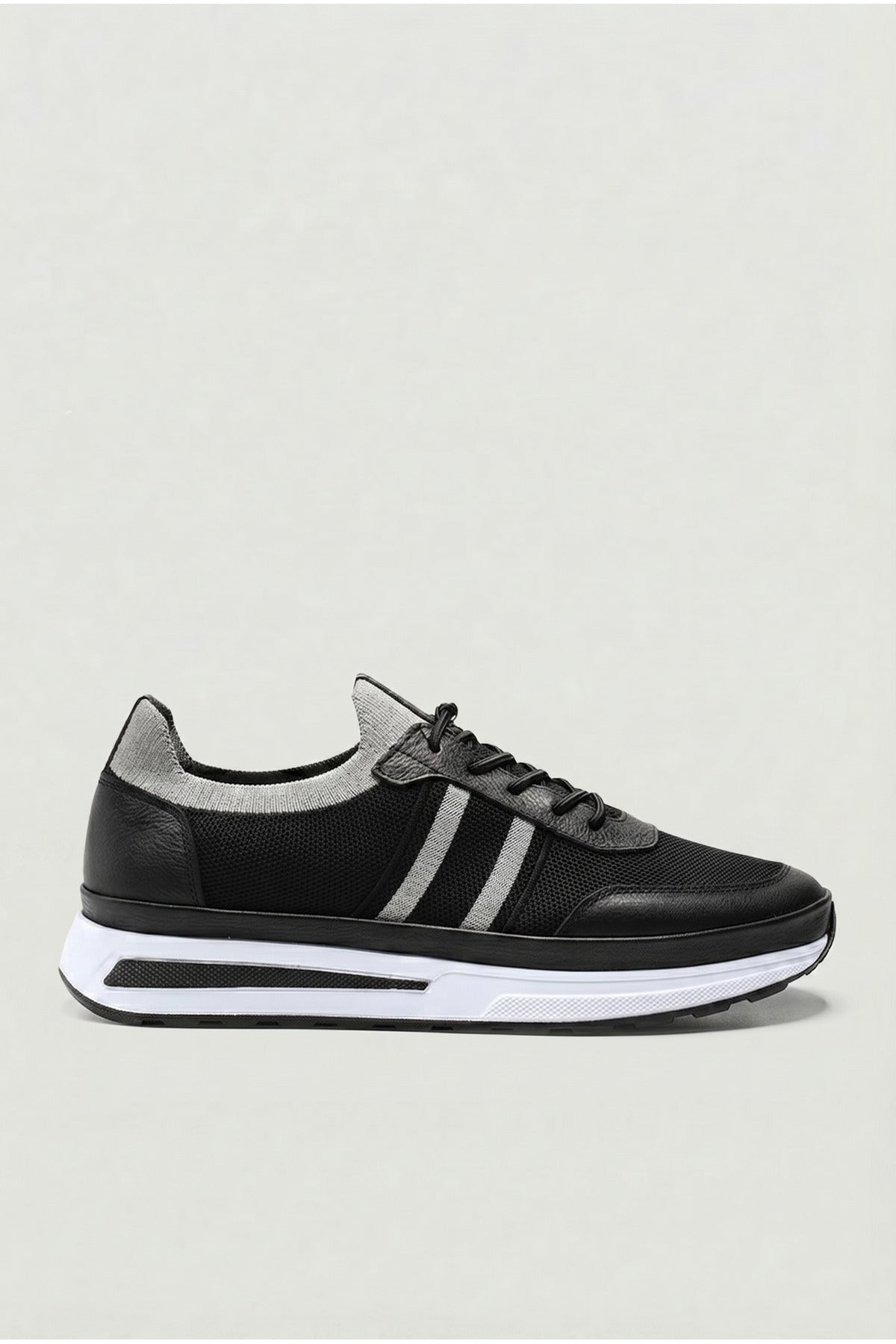 GAVI Yazlık Günlük Hakiki Deri Triko Erkek Sneaker +3 CM Boy Uzatan Gizli Topuk Siyah