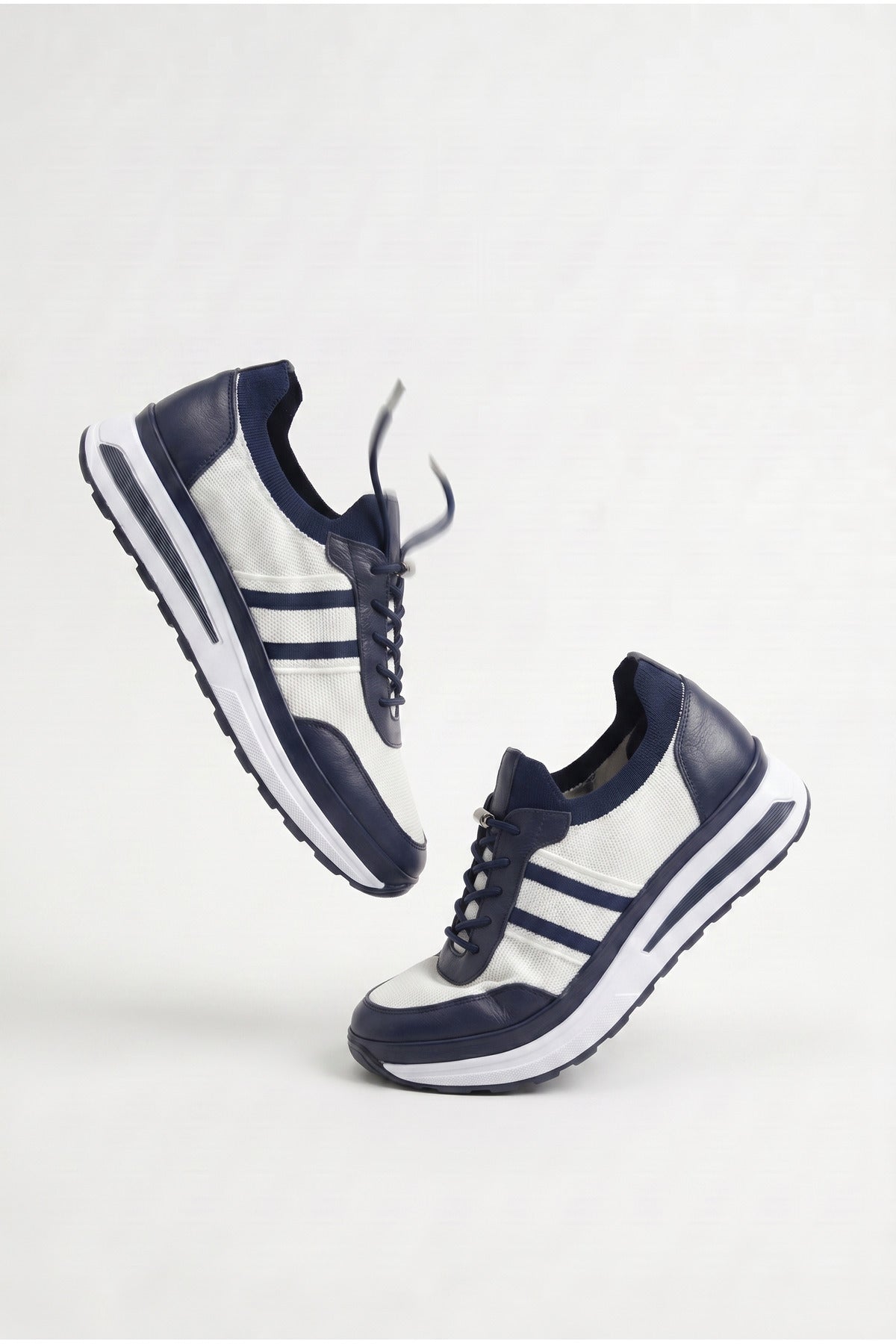 GAVI Yazlık Günlük Hakiki Deri Triko Erkek Sneaker +3 CM Boy Uzatan Gizli Topuk Beyaz