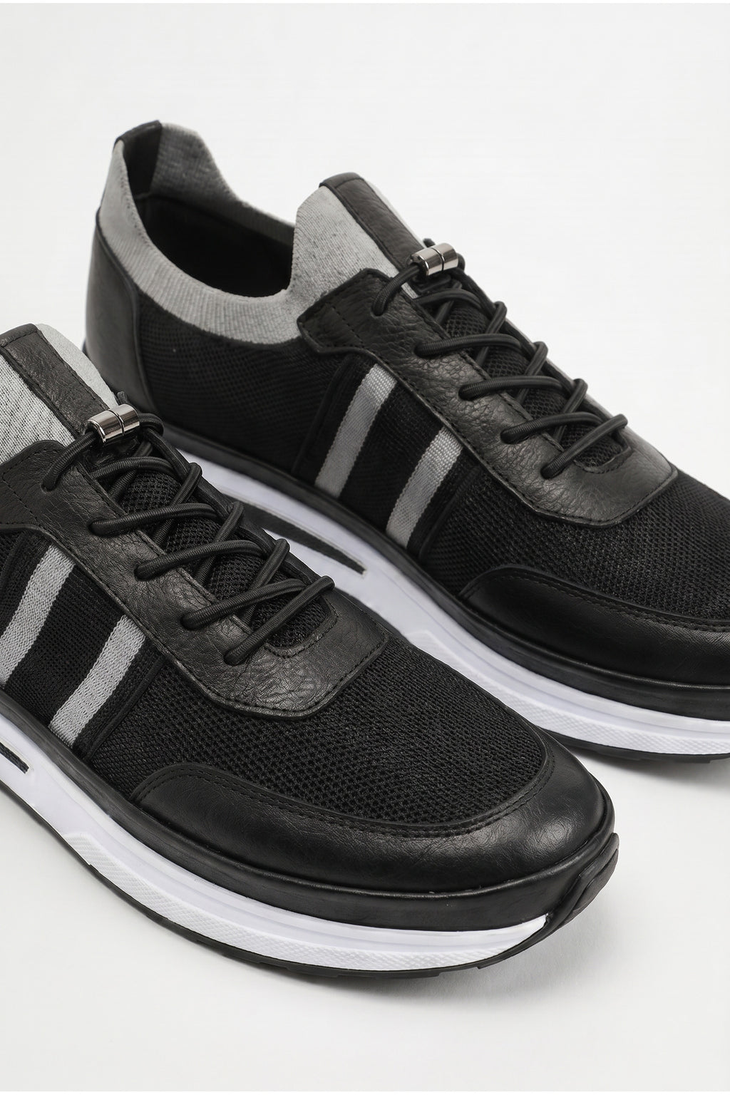 GAVI Yazlık Günlük Hakiki Deri Triko Erkek Sneaker +3 CM Boy Uzatan Gizli Topuk Siyah