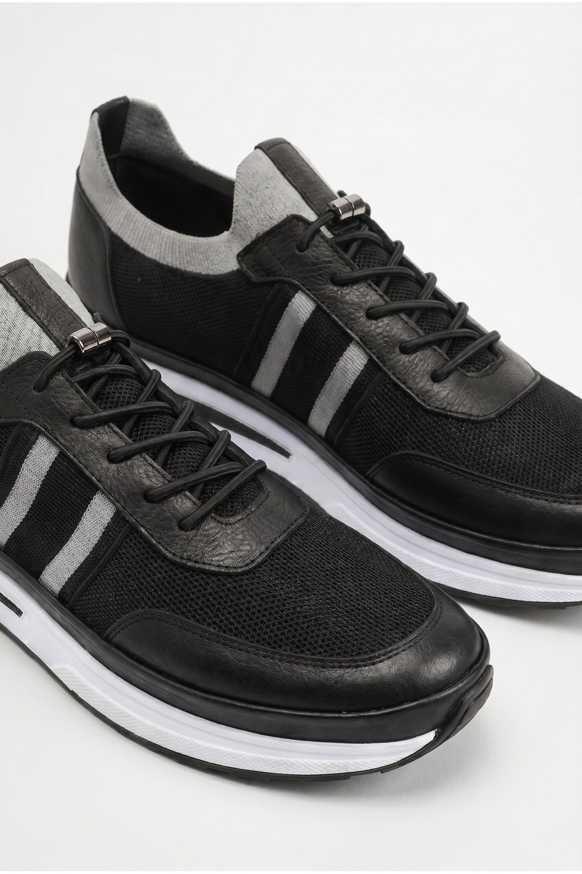 GAVI Yazlık Günlük Hakiki Deri Triko Erkek Sneaker +3 CM Boy Uzatan Gizli Topuk Siyah