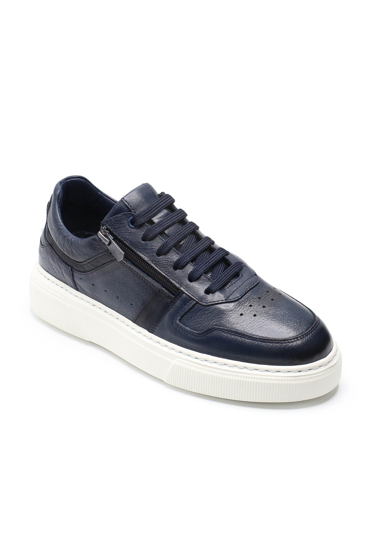 VOO Shoes | %100 Dana Derisi Boy Uzatan Lacivert Fermuarlı Sneaker | +7 cm Gizli Taban