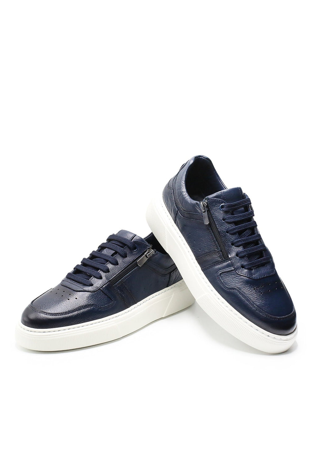VOO Shoes | %100 Dana Derisi Boy Uzatan Lacivert Fermuarlı Sneaker | +7 cm Gizli Taban