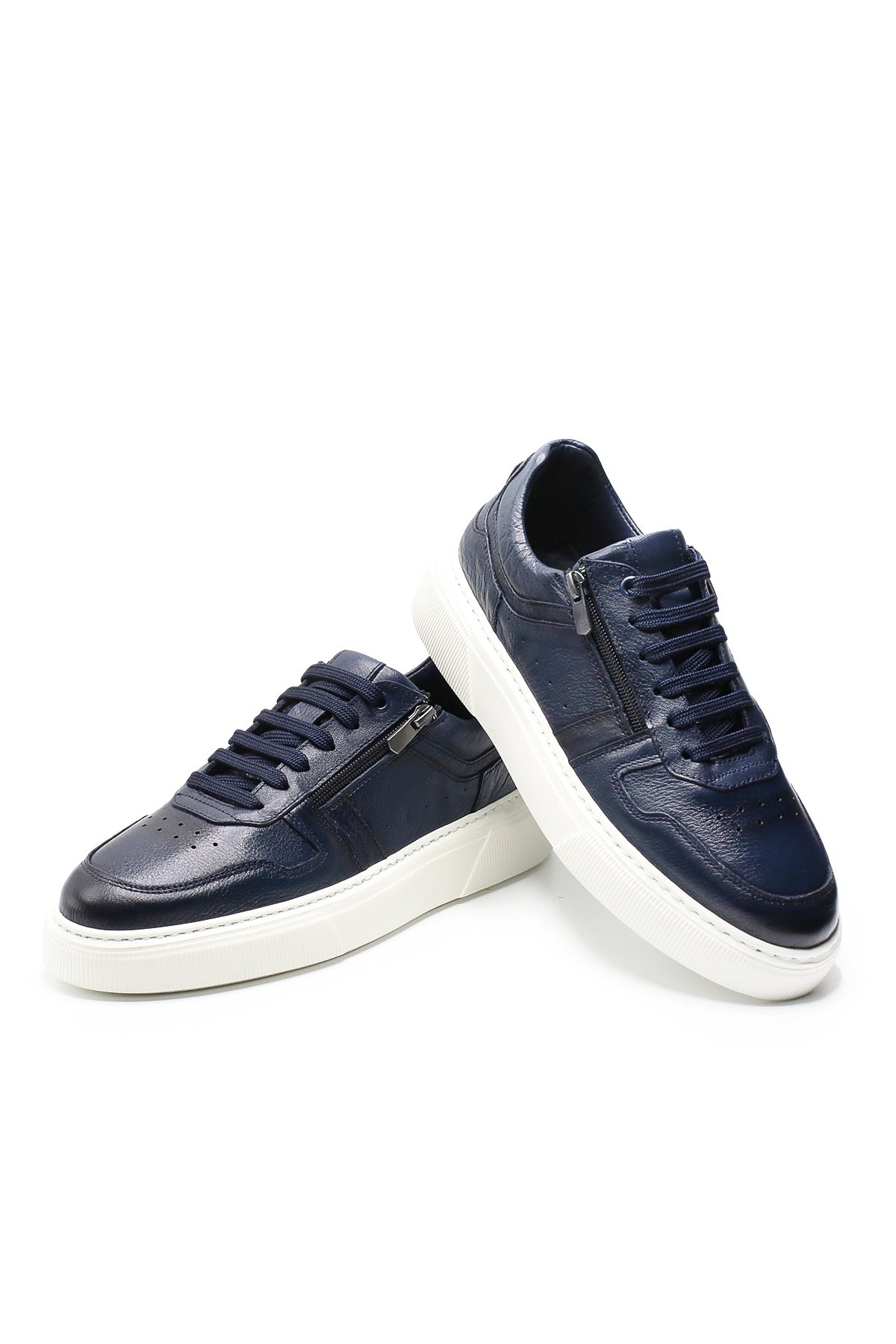 VOO Shoes | %100 Dana Derisi Boy Uzatan Lacivert Fermuarlı Sneaker | +7 cm Gizli Taban