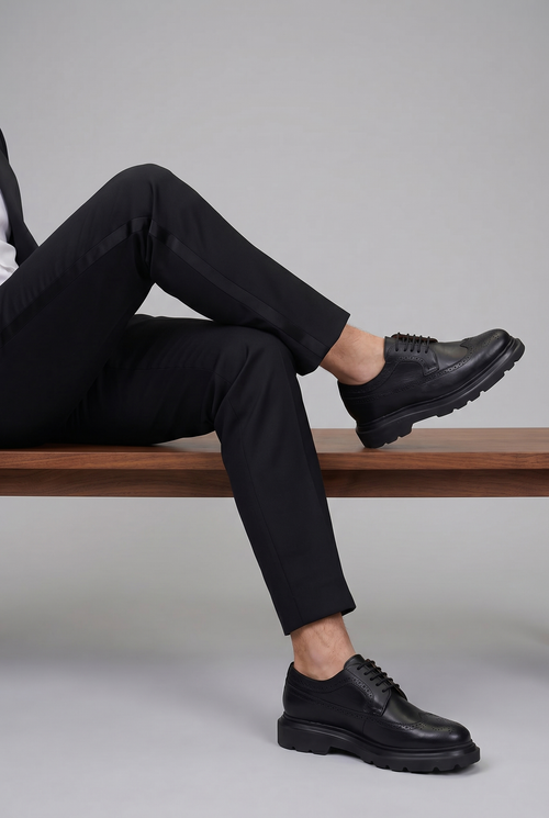 VOO Shoes Konate | %100 Dana Derisi Boy Uzatan Siyah Klasik Kundura | +7 cm Gizli Taban