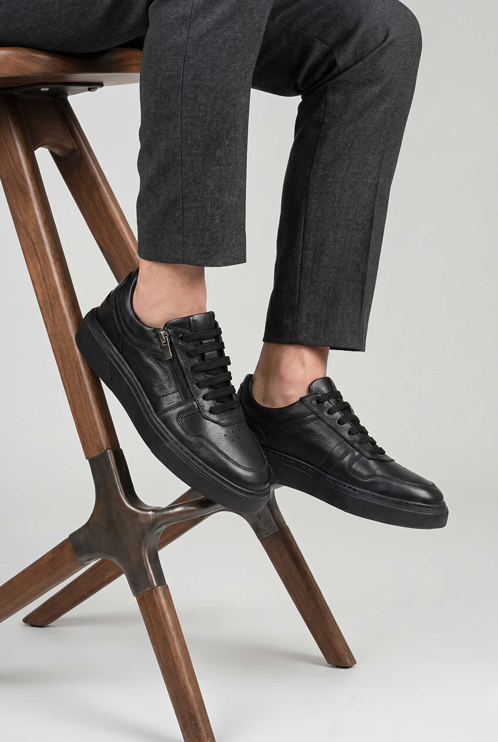 VOO Shoes | %100 Dana Derisi Boy Uzatan Siyah Fermuarlı Sneaker | +7 cm Gizli Taban