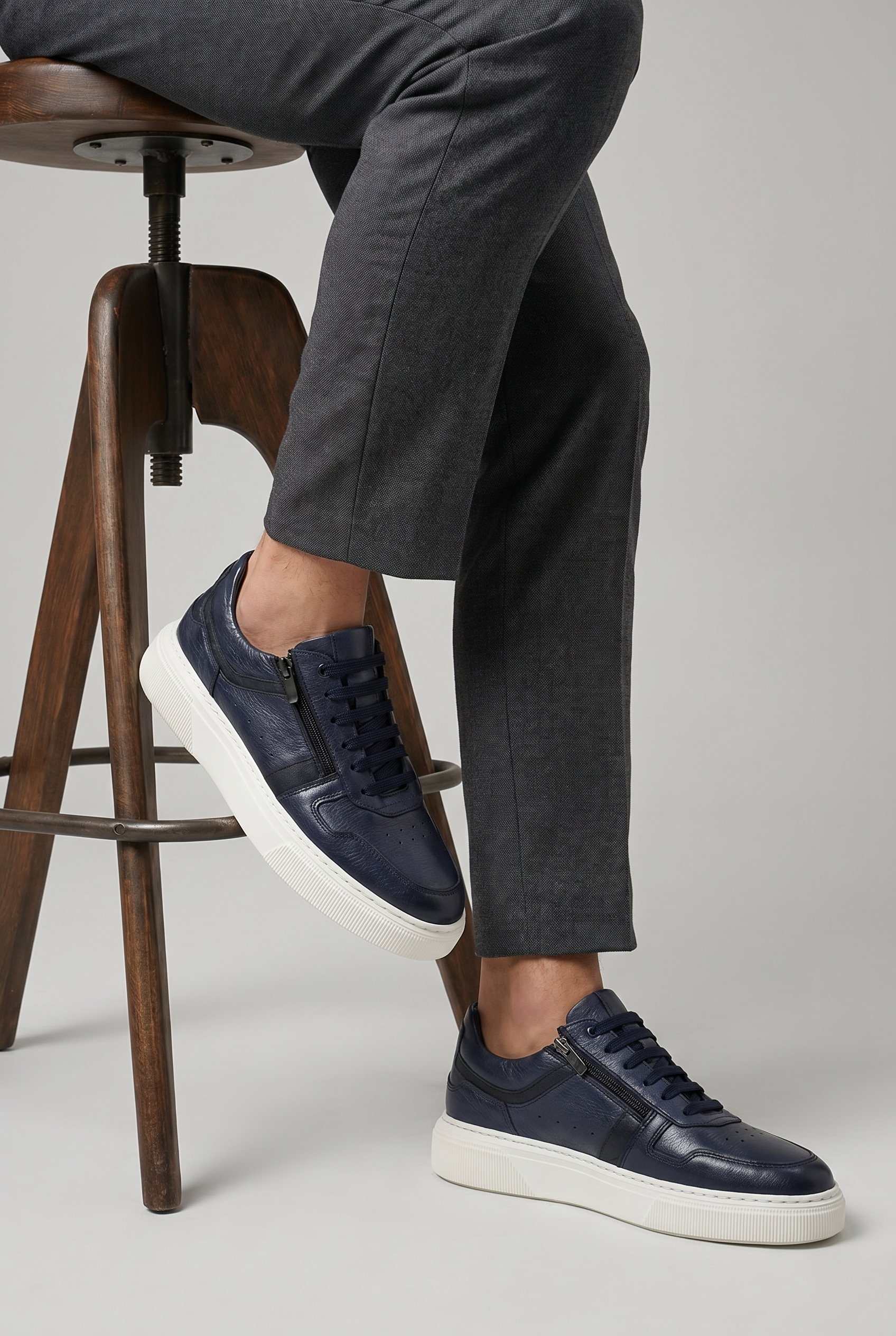 VOO Shoes | %100 Dana Derisi Boy Uzatan Lacivert Fermuarlı Sneaker | +7 cm Gizli Taban