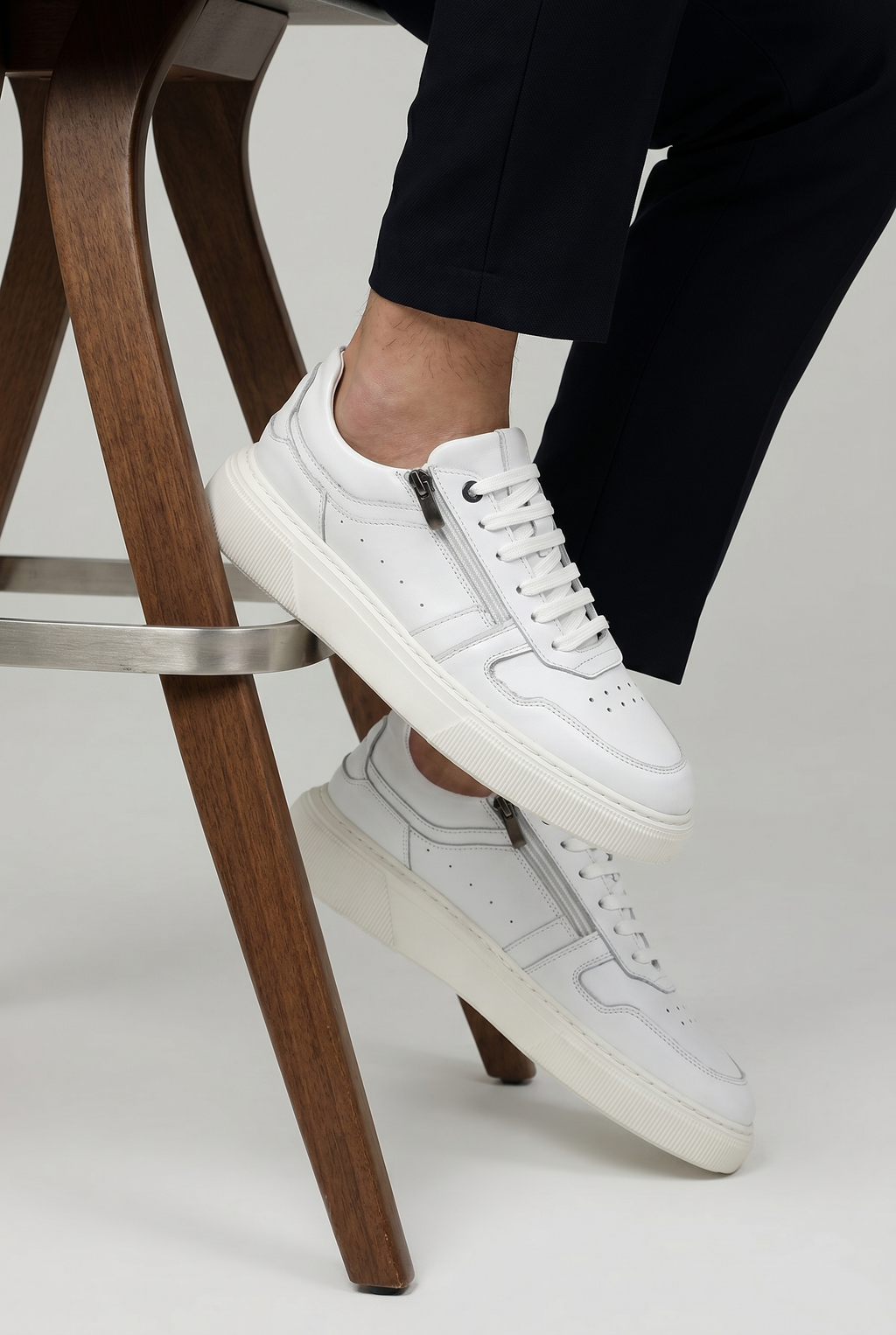 VOO Shoes | %100 Dana Derisi Boy Uzatan Beyaz Fermuarlı Sneaker | +7 cm Gizli Taban