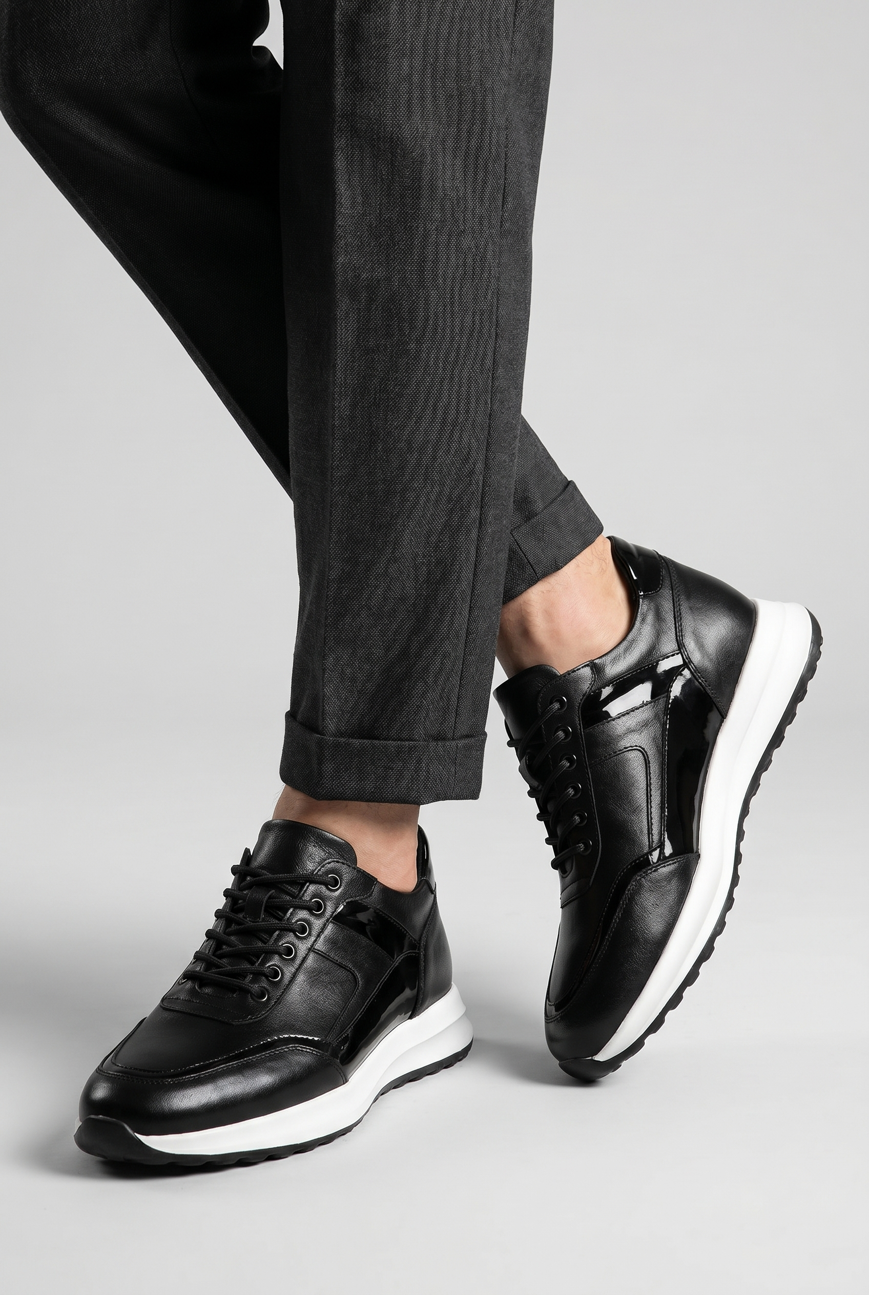 VOO Shoes | %100 Dana Derisi Boy Uzatan Siyah Rugan Detaylı Sneaker | +7 cm Gizli Taban