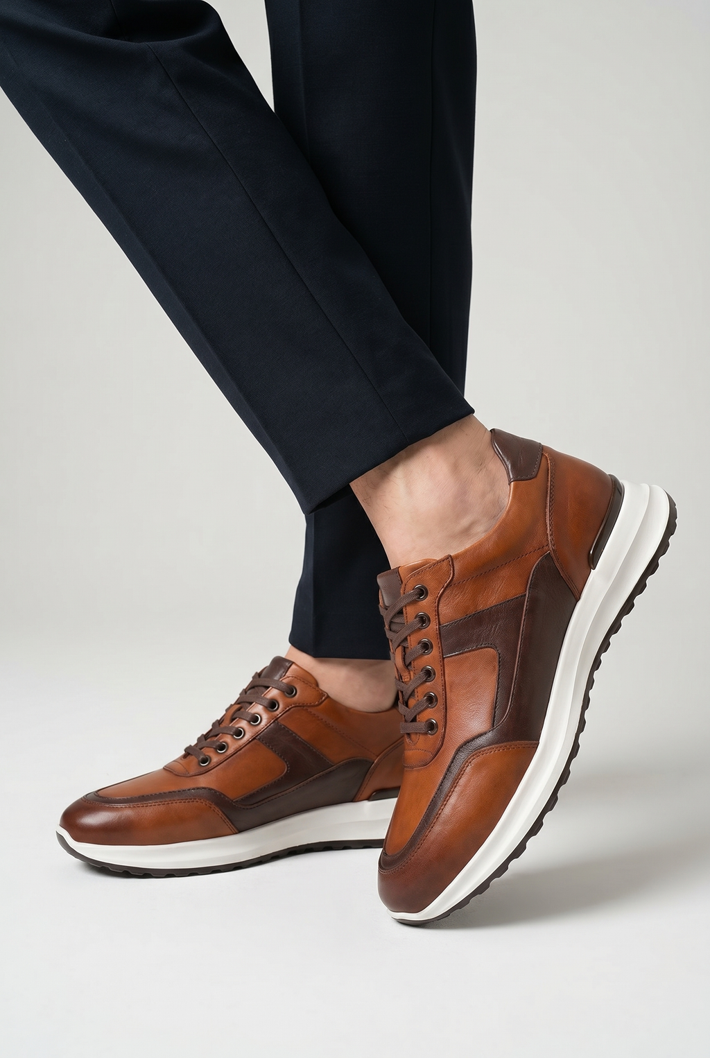 VOO Shoes | %100 Dana Derisi Boy Uzatan Kahverengi Rugan Detaylı Sneaker | +7 cm Gizli Taban