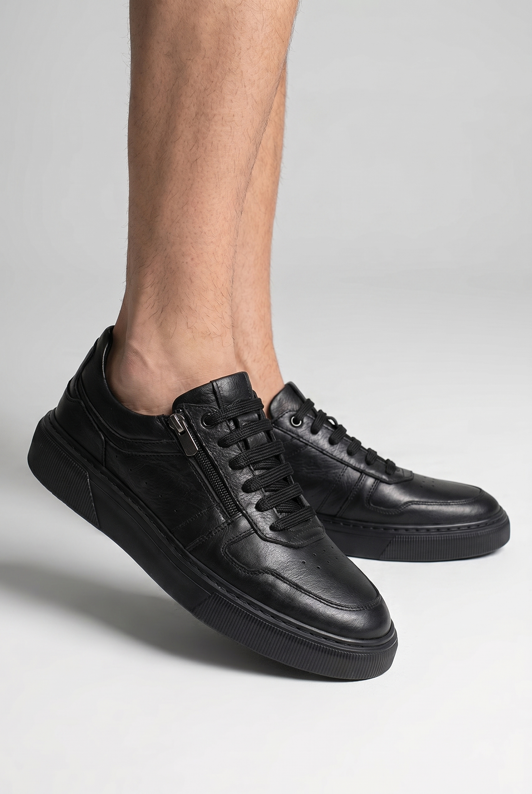 VOO Shoes | %100 Dana Derisi Boy Uzatan Siyah Fermuarlı Sneaker | +7 cm Gizli Taban