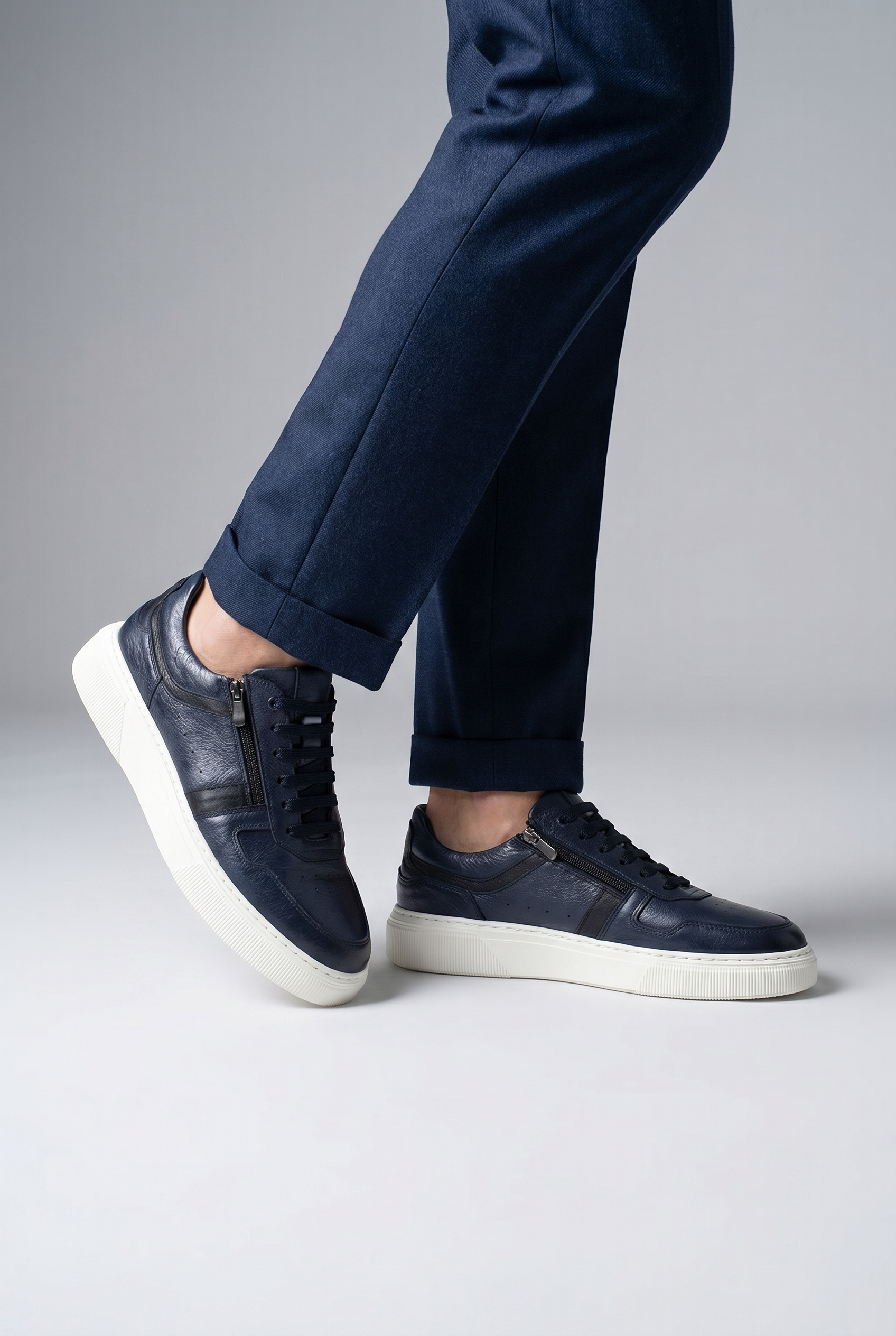 VOO Shoes | %100 Dana Derisi Boy Uzatan Lacivert Fermuarlı Sneaker | +7 cm Gizli Taban