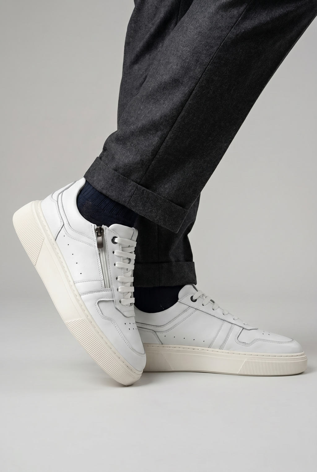 VOO Shoes | %100 Dana Derisi Boy Uzatan Beyaz Fermuarlı Sneaker | +7 cm Gizli Taban