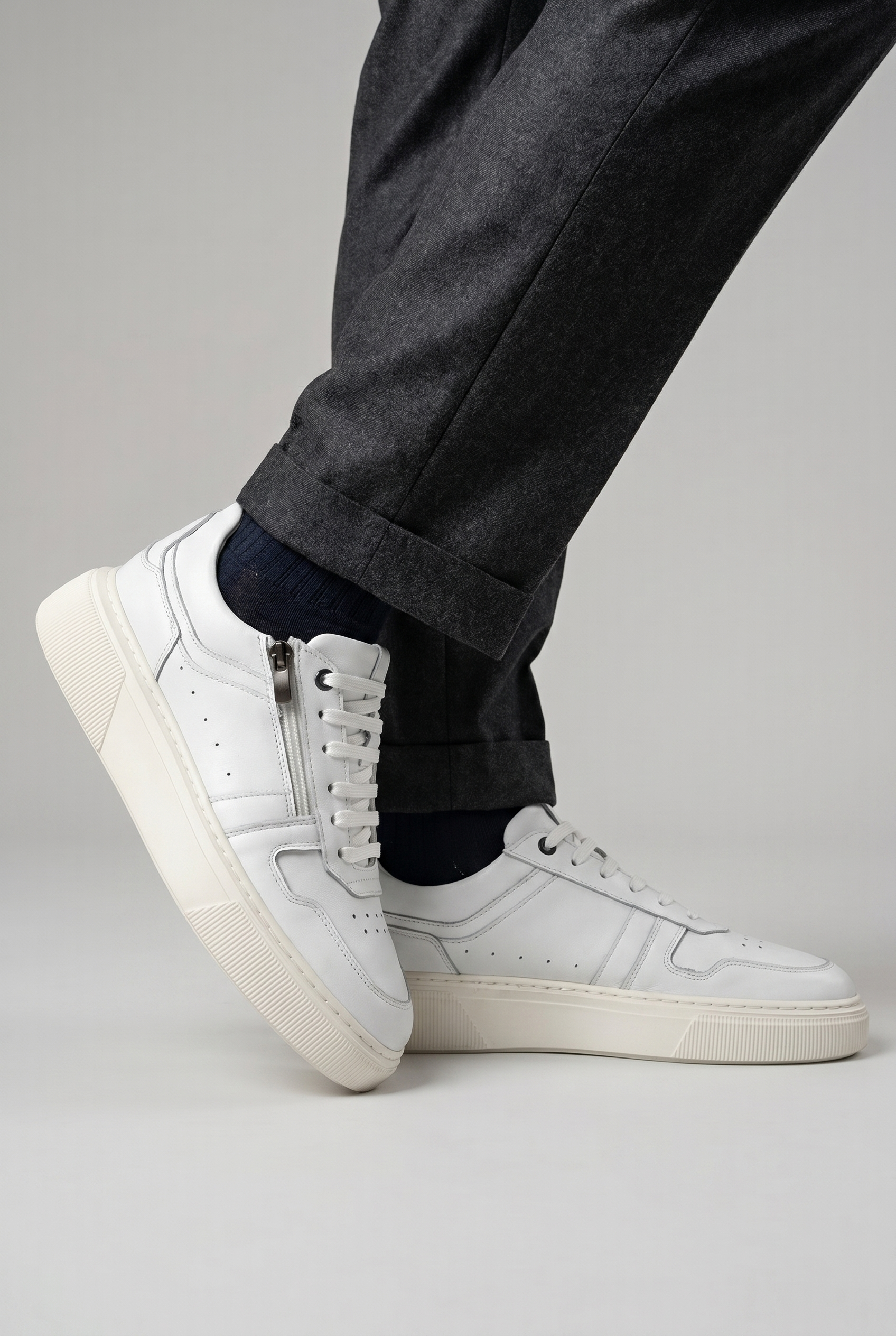 VOO Shoes | %100 Dana Derisi Boy Uzatan Beyaz Fermuarlı Sneaker | +7 cm Gizli Taban