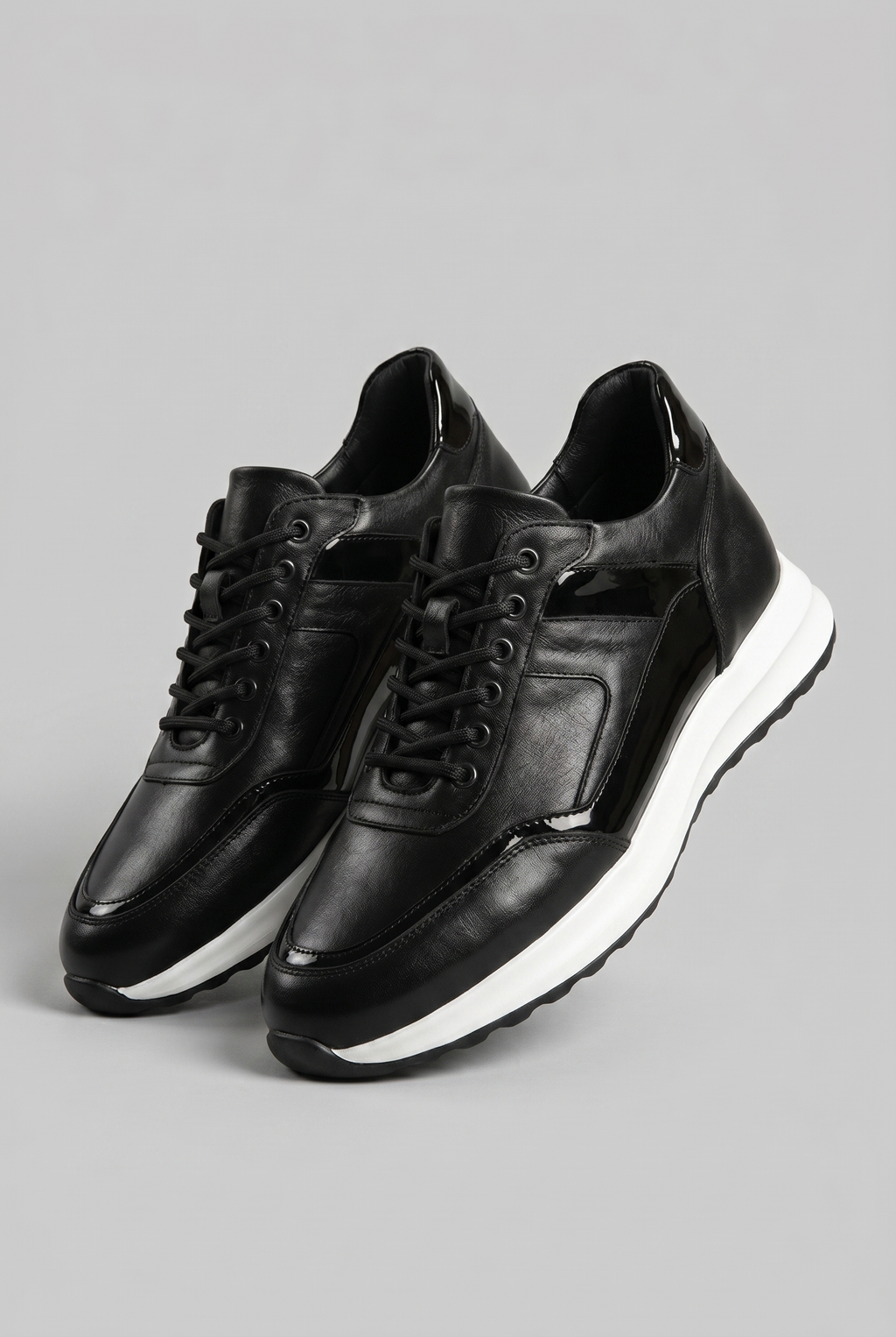 VOO Shoes | %100 Dana Derisi Boy Uzatan Siyah Rugan Detaylı Sneaker | +7 cm Gizli Taban