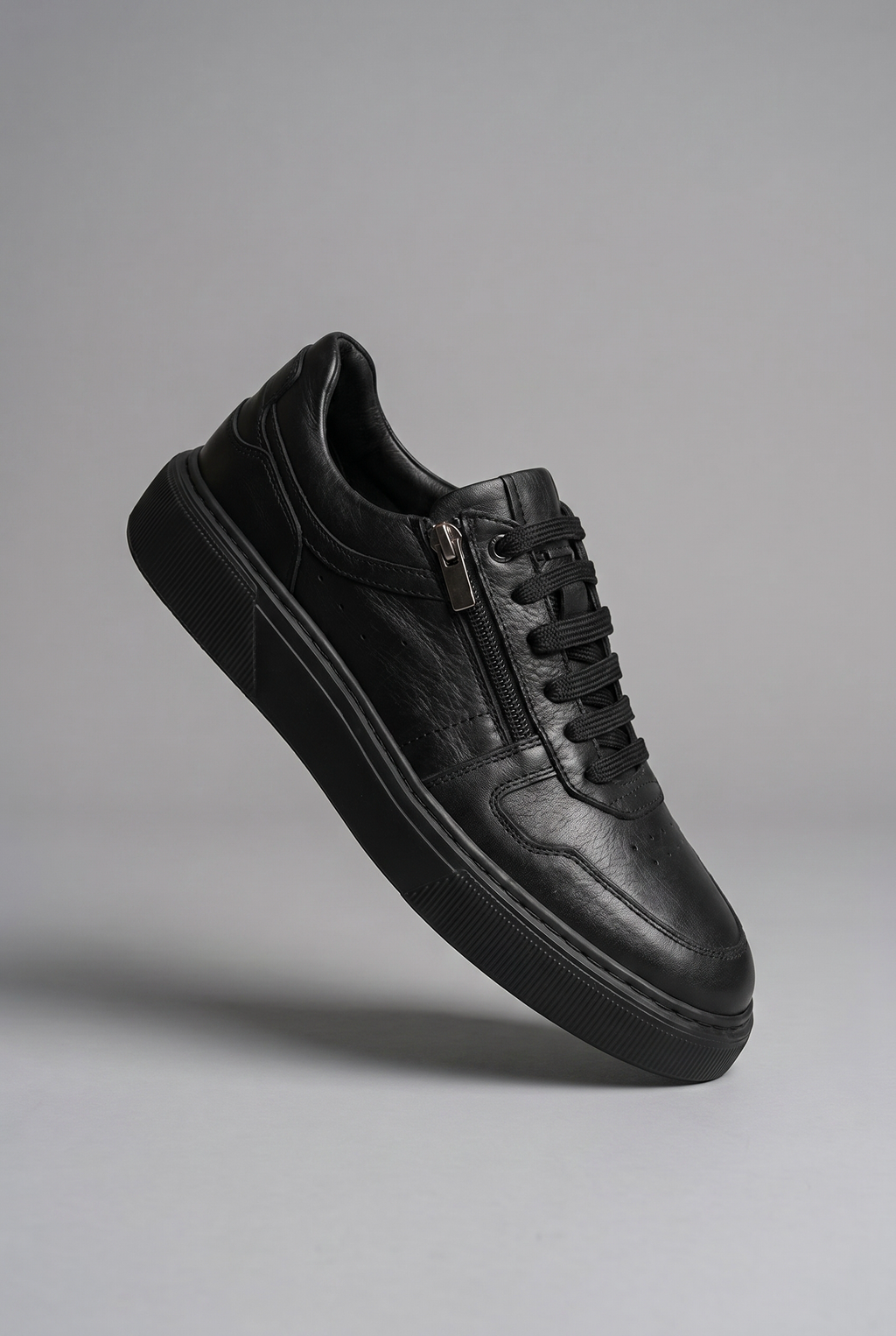 VOO Shoes | %100 Dana Derisi Boy Uzatan Siyah Fermuarlı Sneaker | +7 cm Gizli Taban