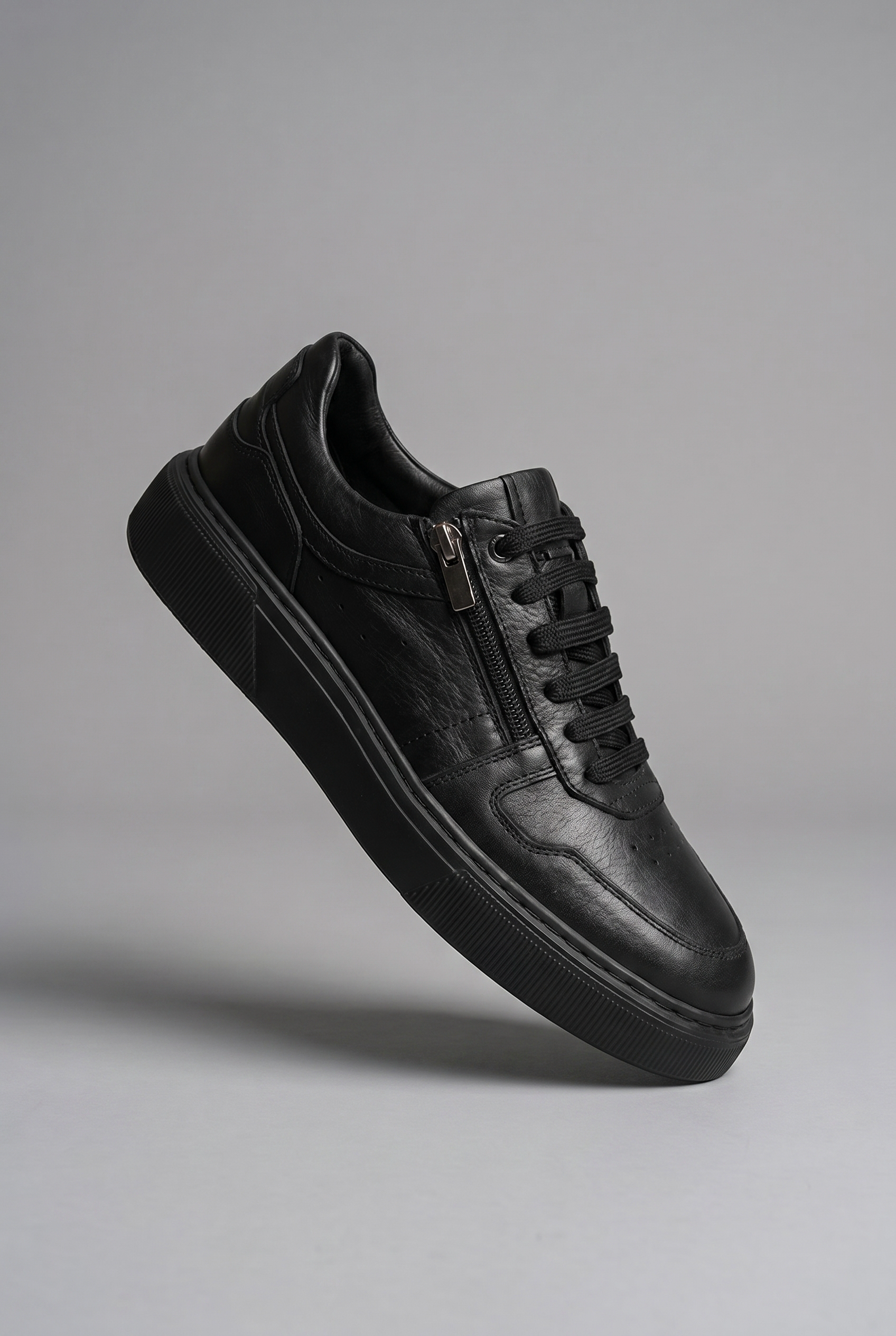 VOO Shoes | %100 Dana Derisi Boy Uzatan Siyah Fermuarlı Sneaker | +7 cm Gizli Taban