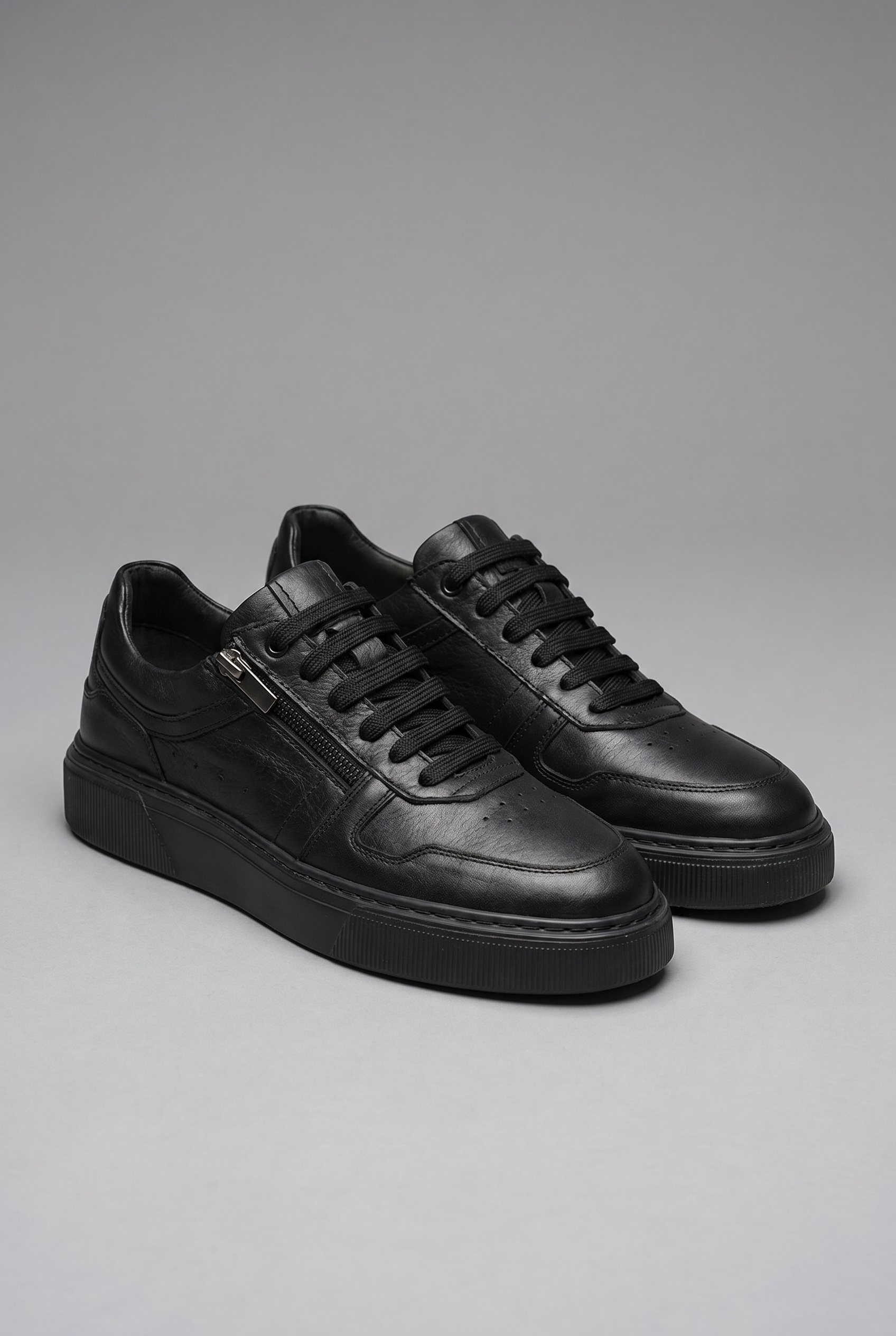 VOO Shoes | %100 Dana Derisi Boy Uzatan Siyah Fermuarlı Sneaker | +7 cm Gizli Taban