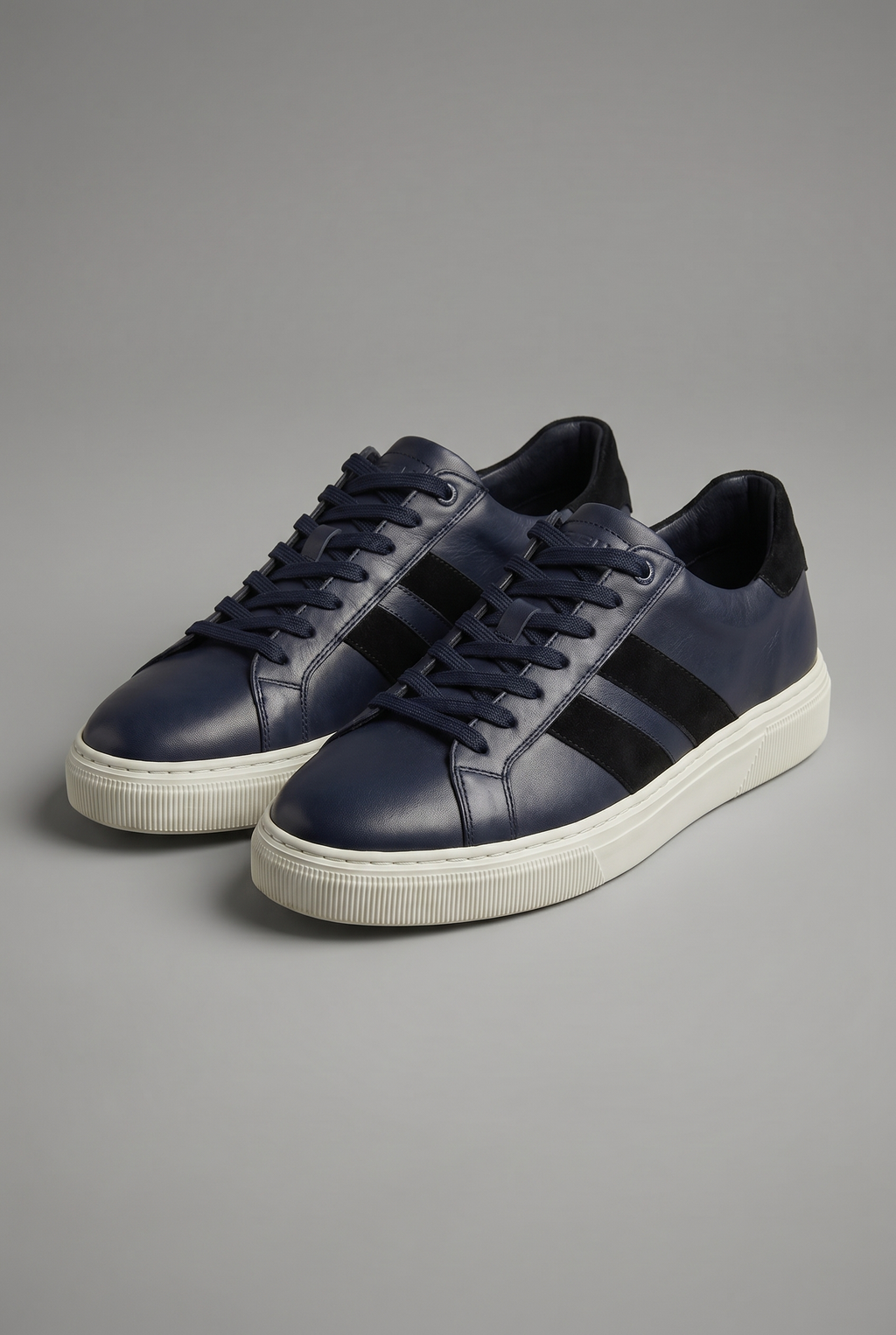 VOO Shoes | %100 Dana Derisi Boy Uzatan Lacivert Sneaker | Siyah Şerit | +7 cm Gizli Taban