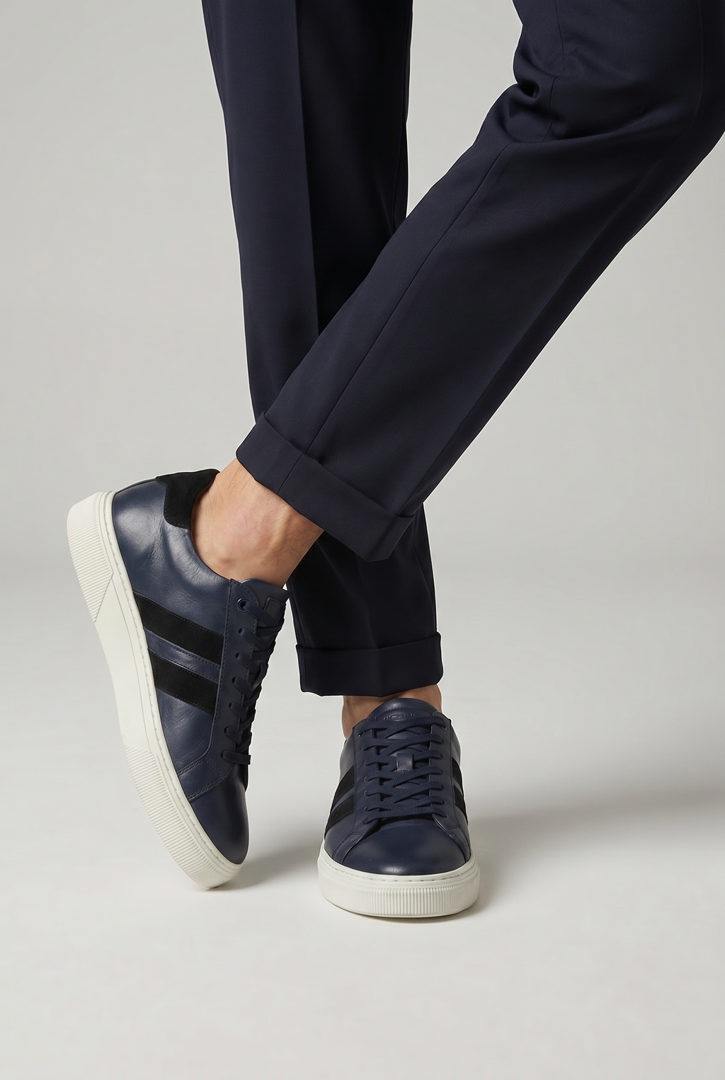 VOO Shoes | %100 Dana Derisi Boy Uzatan Lacivert Sneaker | Siyah Şerit | +7 cm Gizli Taban