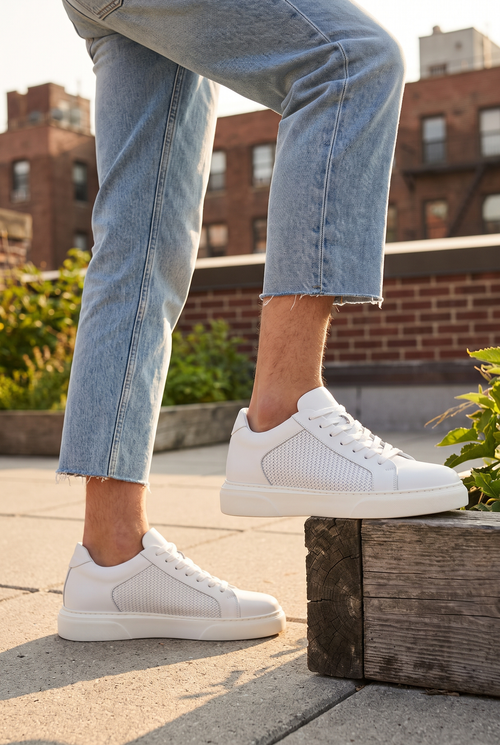 Hakiki Dana Derisi +7 cm Boy Uzatan Sneaker – Beyaz Hasır Desenli Erkek Spor Ayakkabı