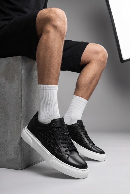 Hakiki Dana Derisi +7 cm Boy Uzatan Sneaker – Siyah Hasır Desenli Erkek Spor Ayakkabı