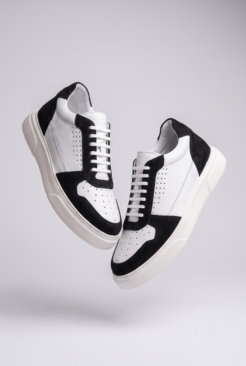 Hakiki Dana Derisi +7 cm Boy Uzatan Sneaker – Beyaz Siyah Süet Detaylı Erkek Spor Ayakkabı - Strike